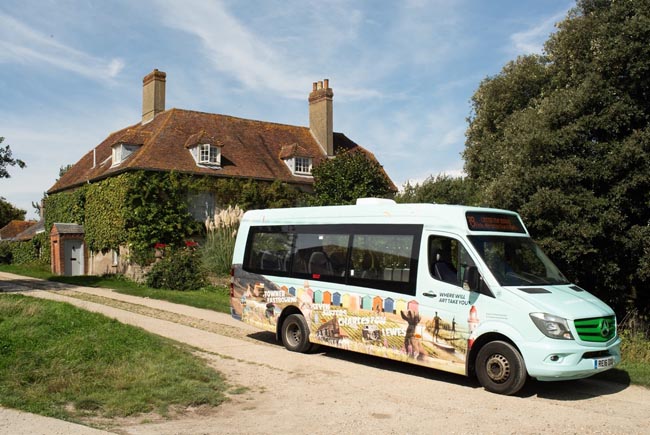 Sussex Art Shuttle Bus parked in front of Charleston, Firle.